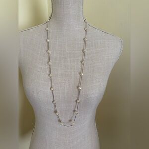 Vintage RMN Pearl Station Long Necklace - Ivory Pearls on Silver-tone Chain